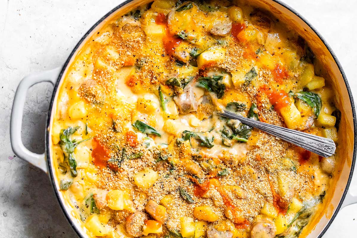 Cheesy Potato Chicken Sausage Casserole. 