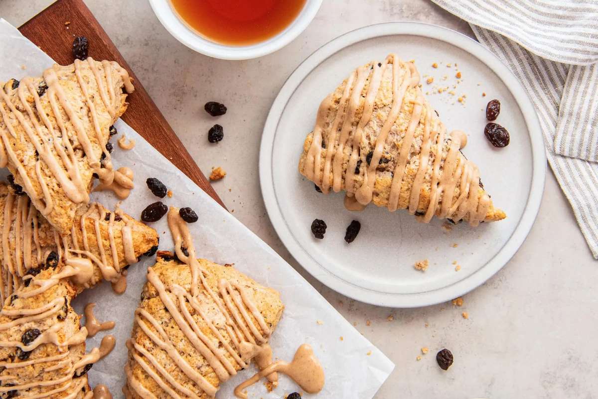Raisin Scones with Cinnamon Glaze. 