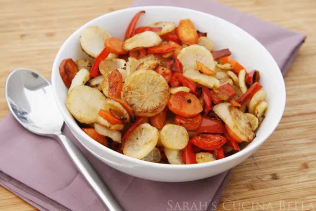 Roasted Daikon Radish, Carrots and Peppers.