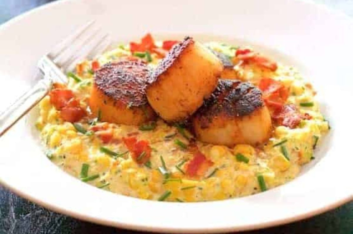 Seared Scallops with Smoky Sweet Corn Puree. 