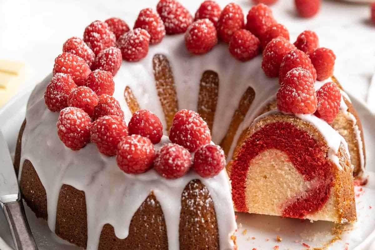 White Chocolate Raspberry Bundt Cake. 