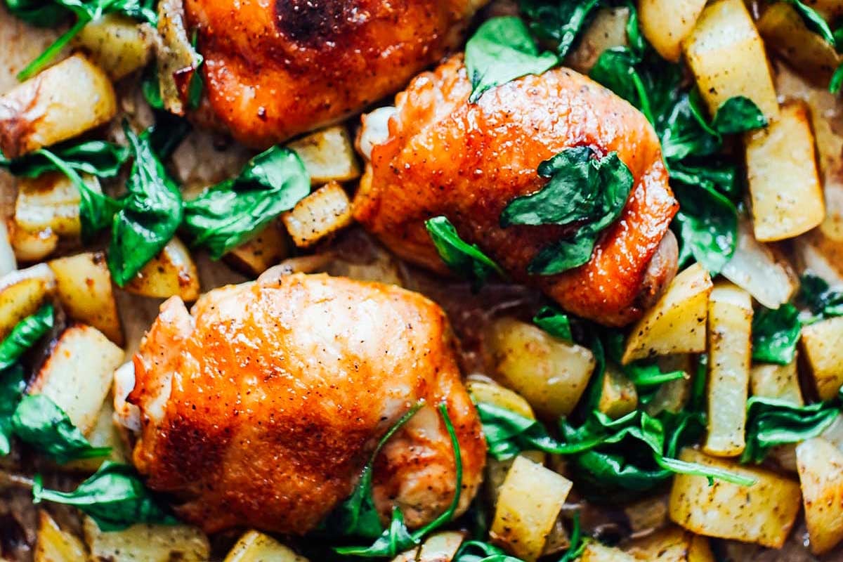 Sheet Pan Honey Mustard Chicken, Potatoes, And Spinach.