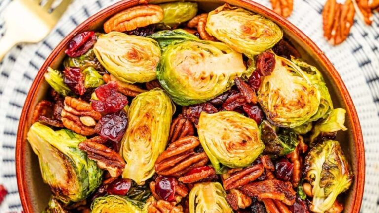 Roasted Brussels Sprouts With Bacon, Pecans And Cranberries recipe by xoxoBella.