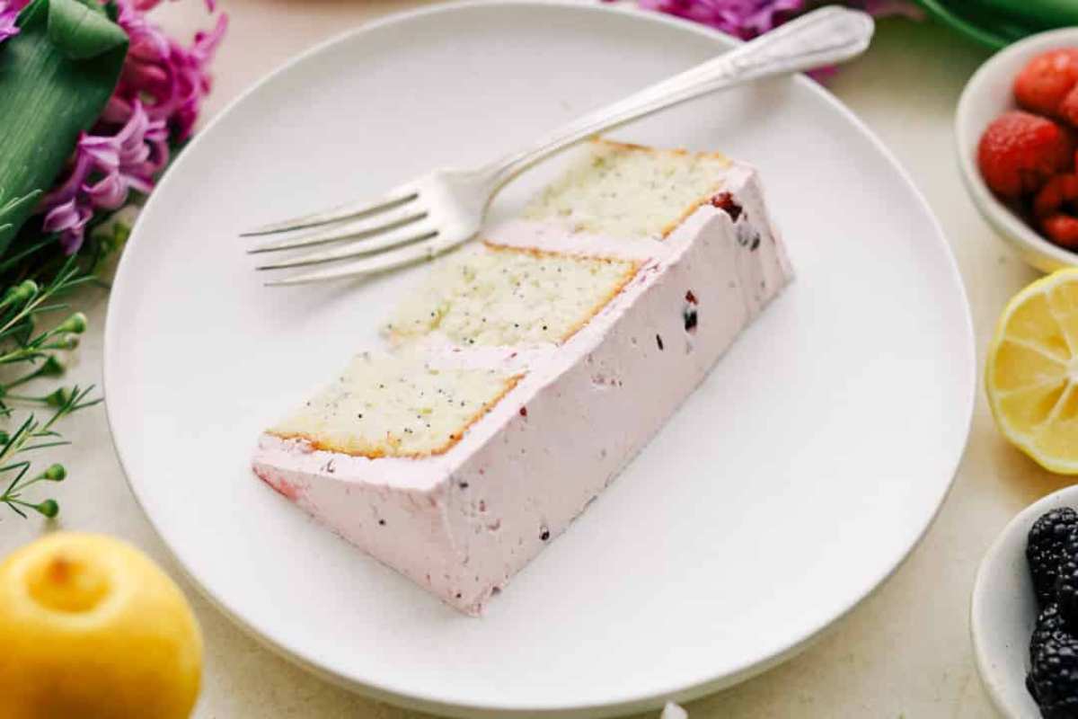 3-Layer Poppyseed Lemon Cake With Blackberry Buttercream. 