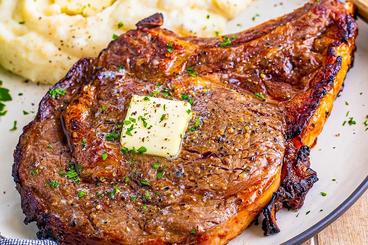 Marinated Air Fryer Ribeye Steak Recipe (Bone-In).
