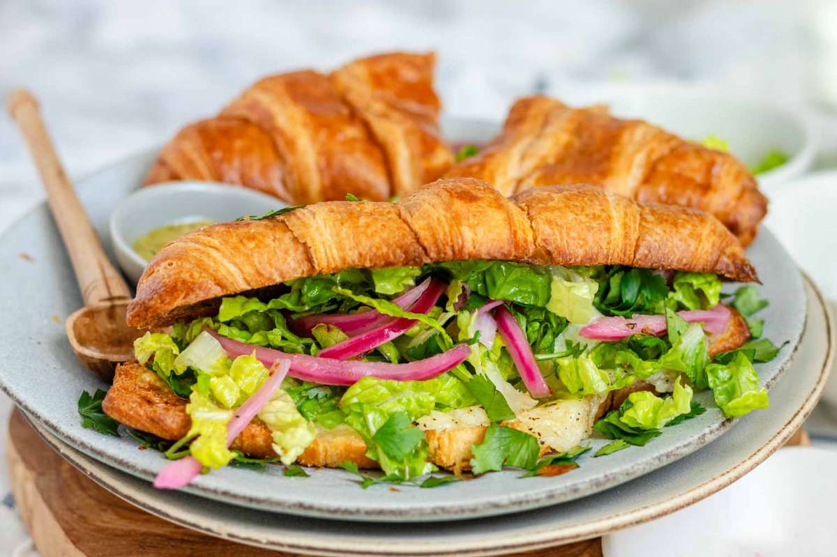 Air Fryer Croissant Sandwiches With Pesto And Havarti. 