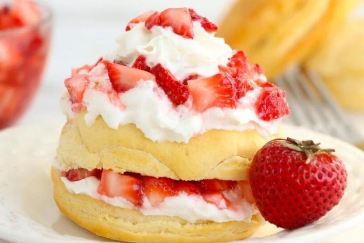 Air Fryer Strawberry Shortcake on white plate.