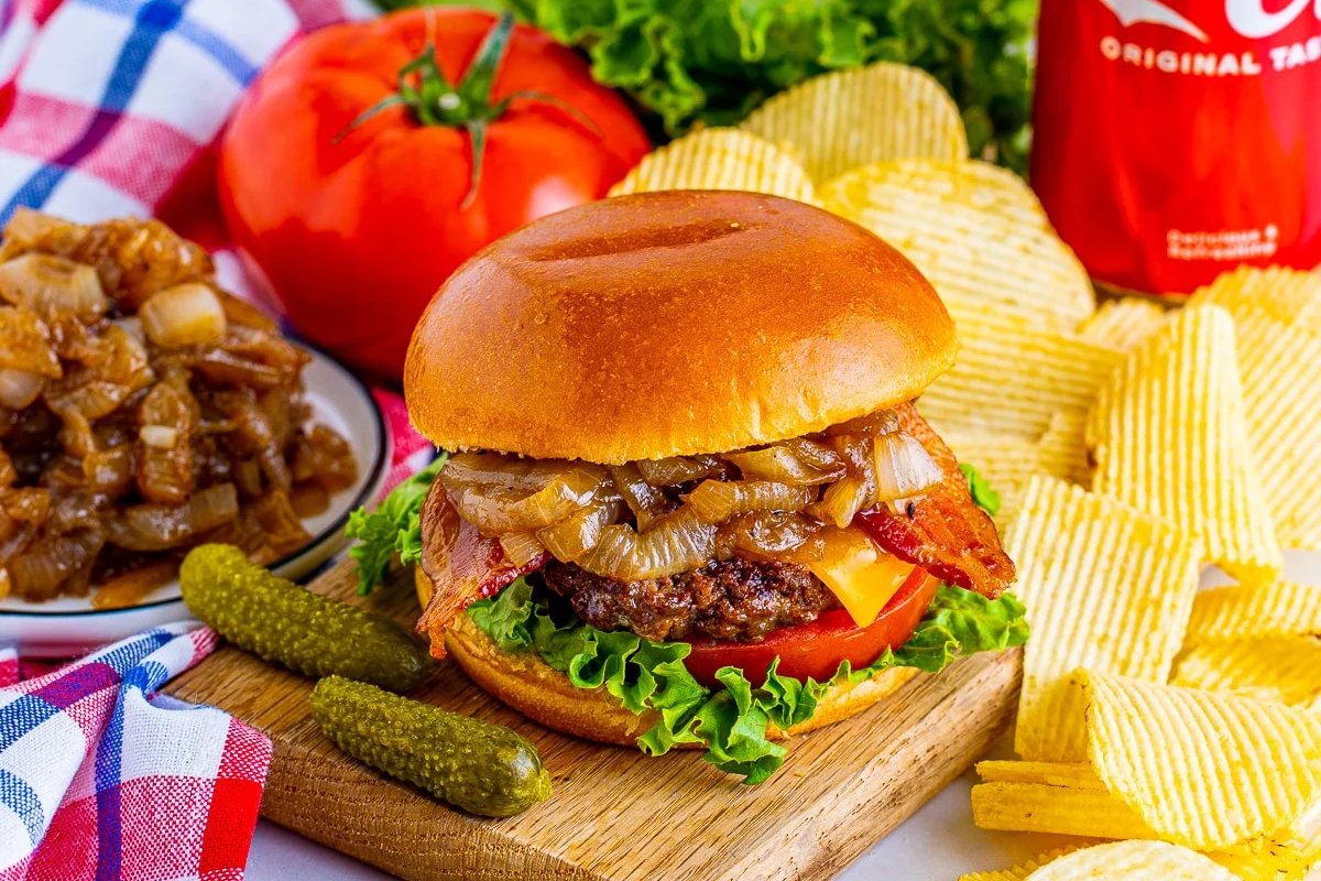 Bacon Cheeseburgers with Coca-Cola Onions. 