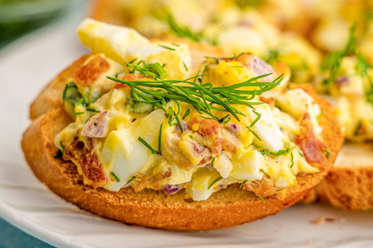 Bacon Egg Salad Crostini. 