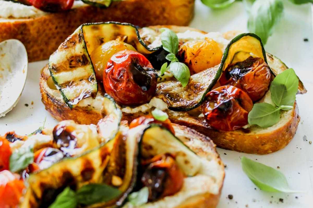 Blistered Tomato And Zucchini Tartines With Whipped Feta.