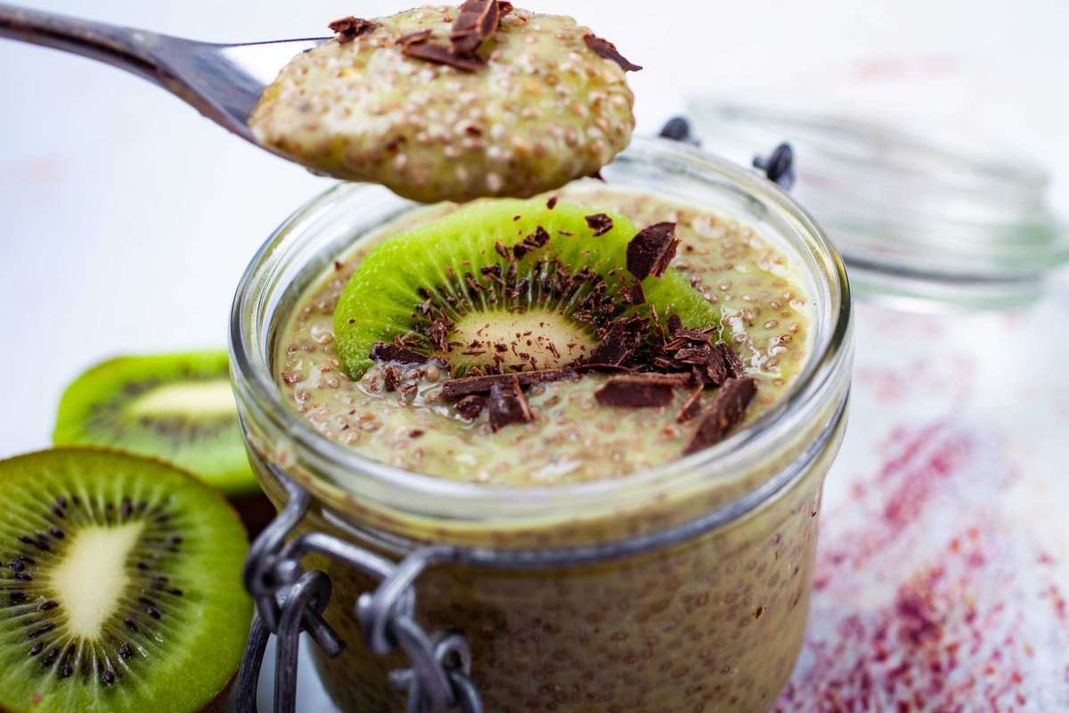 Breakfast Kiwi Chia Pudding With Matcha. 