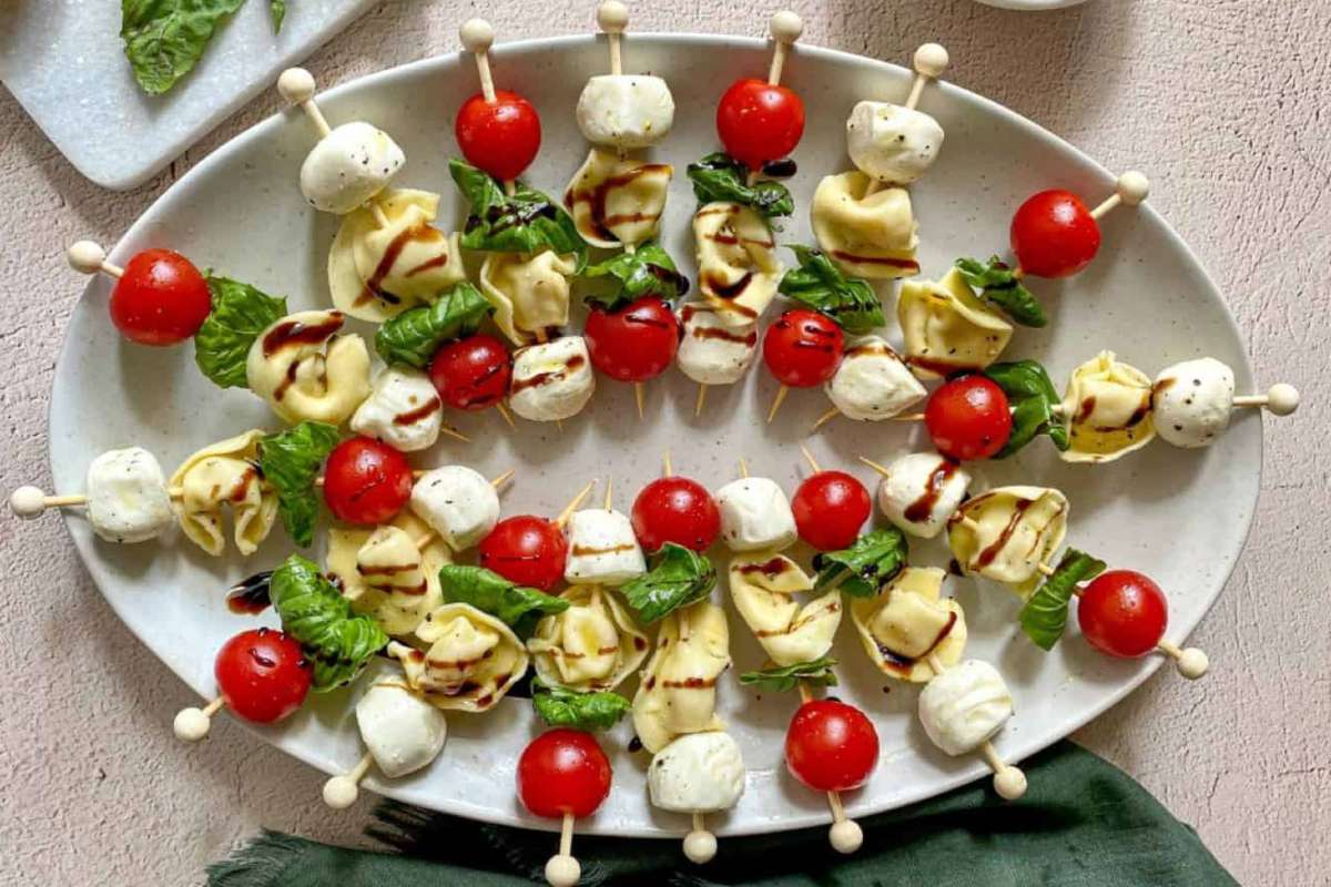 Caprese Tortellini Skewers With Balsamic Glaze. 