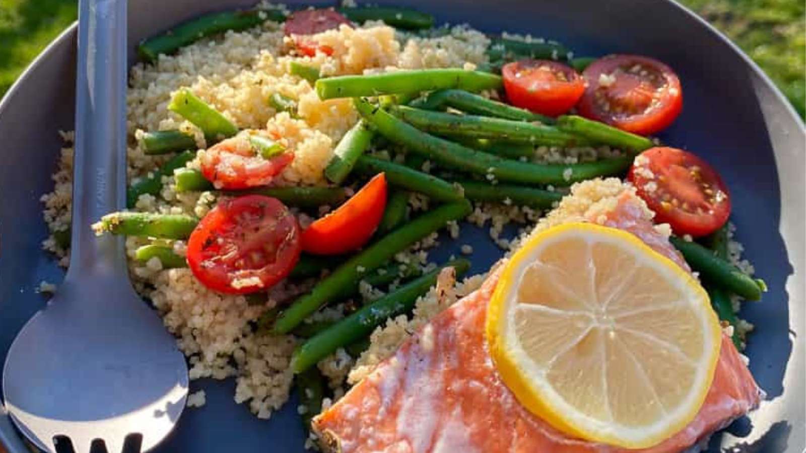 Campfire Salmon Couscous Bake recipe by Champagne Tastes.