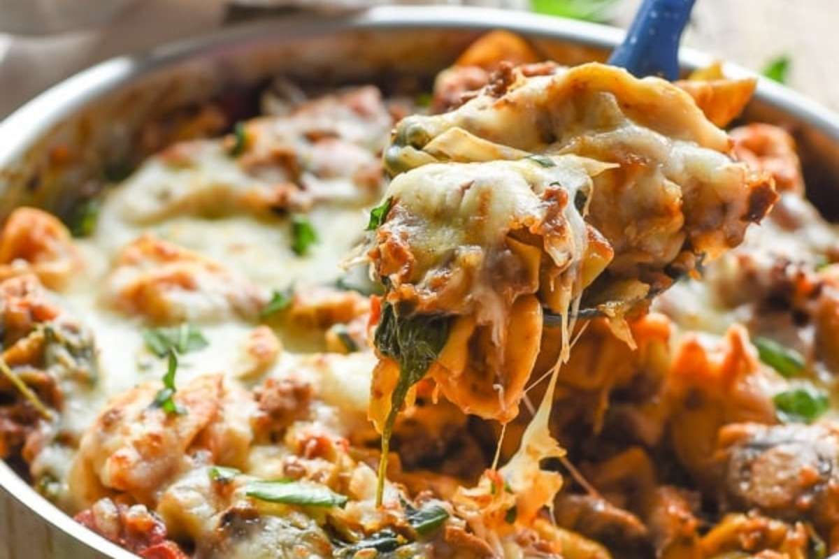 Cheesy One Pot Tortellini and Sausage with Garden Veggies.