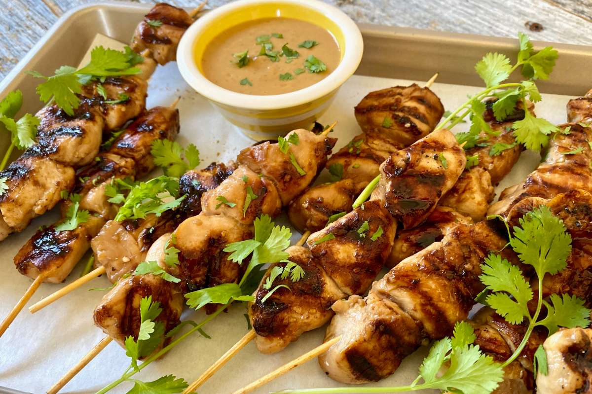 Teriyaki Chicken Skewers And Peanut Sauce.