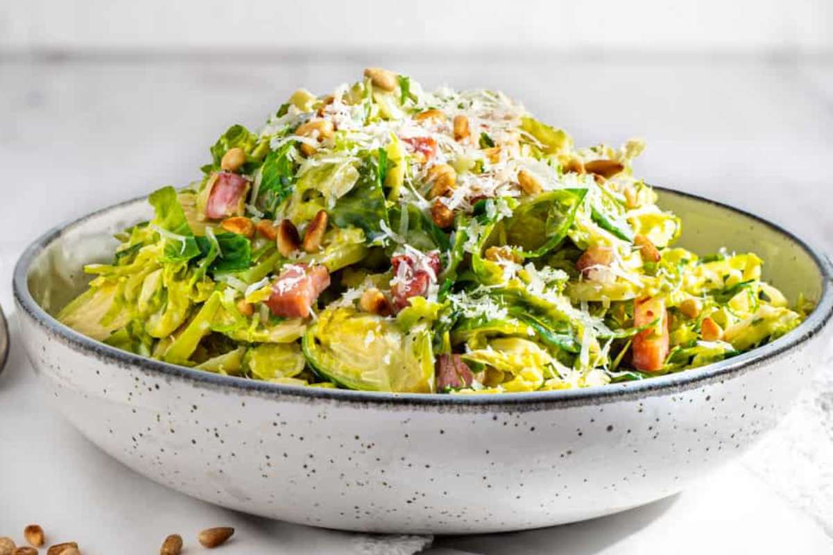 Creamy, Shredded Brussels Sprouts with Pancetta and Parmesan. 