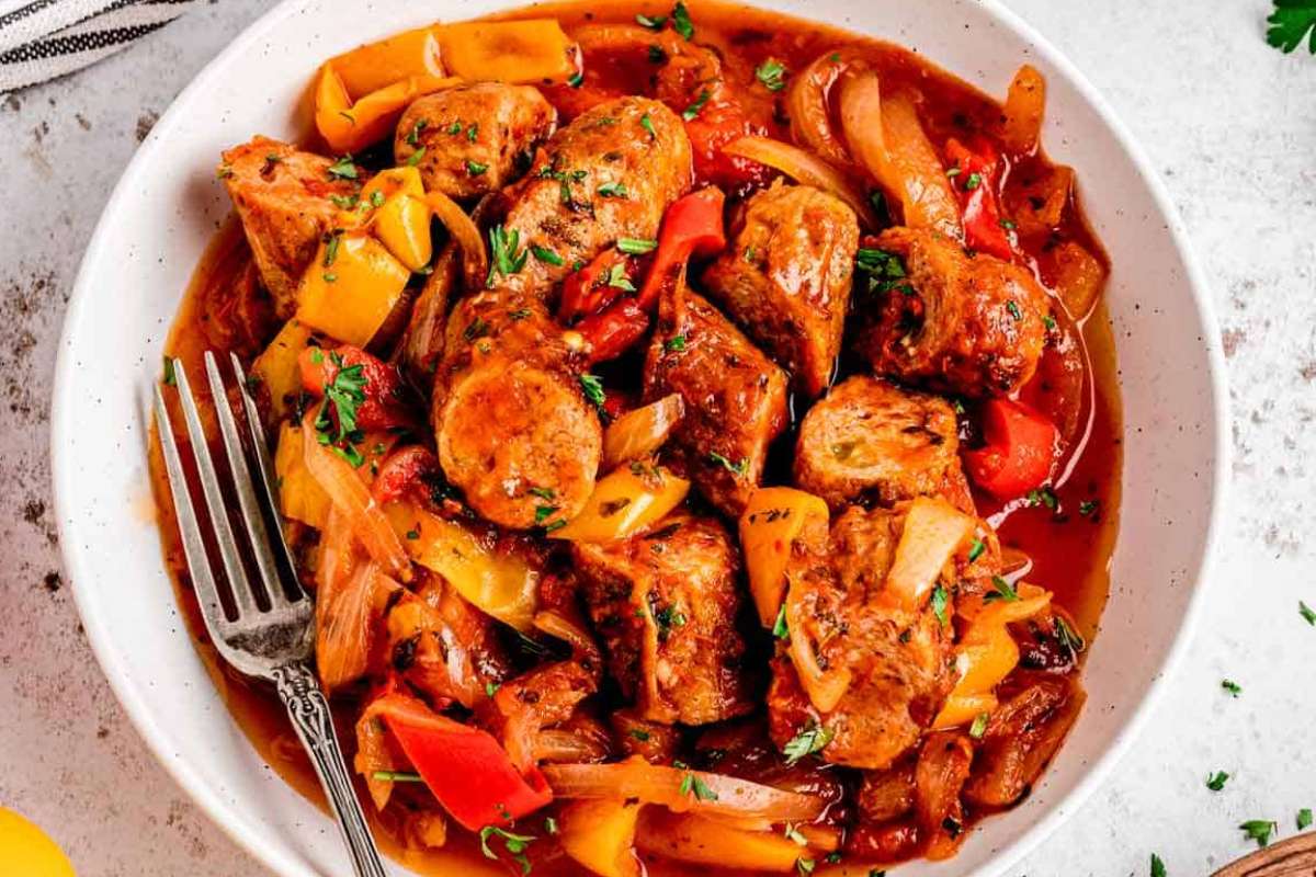 Crockpot Sausage Peppers And Onions With Sauce.