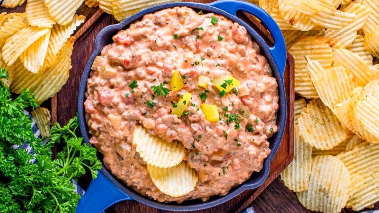 Easy Creamy Dill Pickle Cheeseburger Dip.