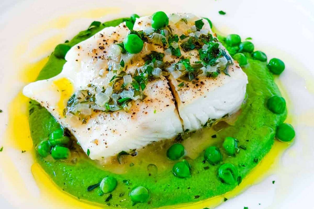 Easy and Best One-Pan Halibut with Minted Pea Puree.