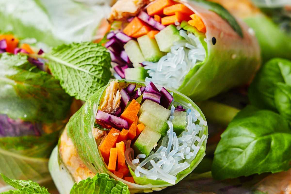 Fresh Spring Rolls With Salmon and Peanut Sauce.