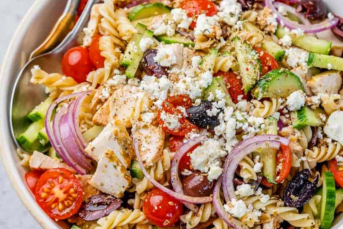Tasty Greek Chicken Pasta Salad.