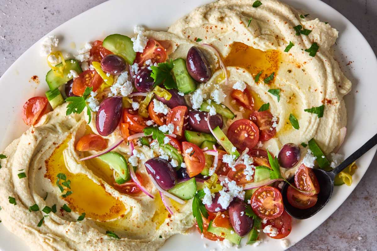Greek Style Loaded Hummus. 