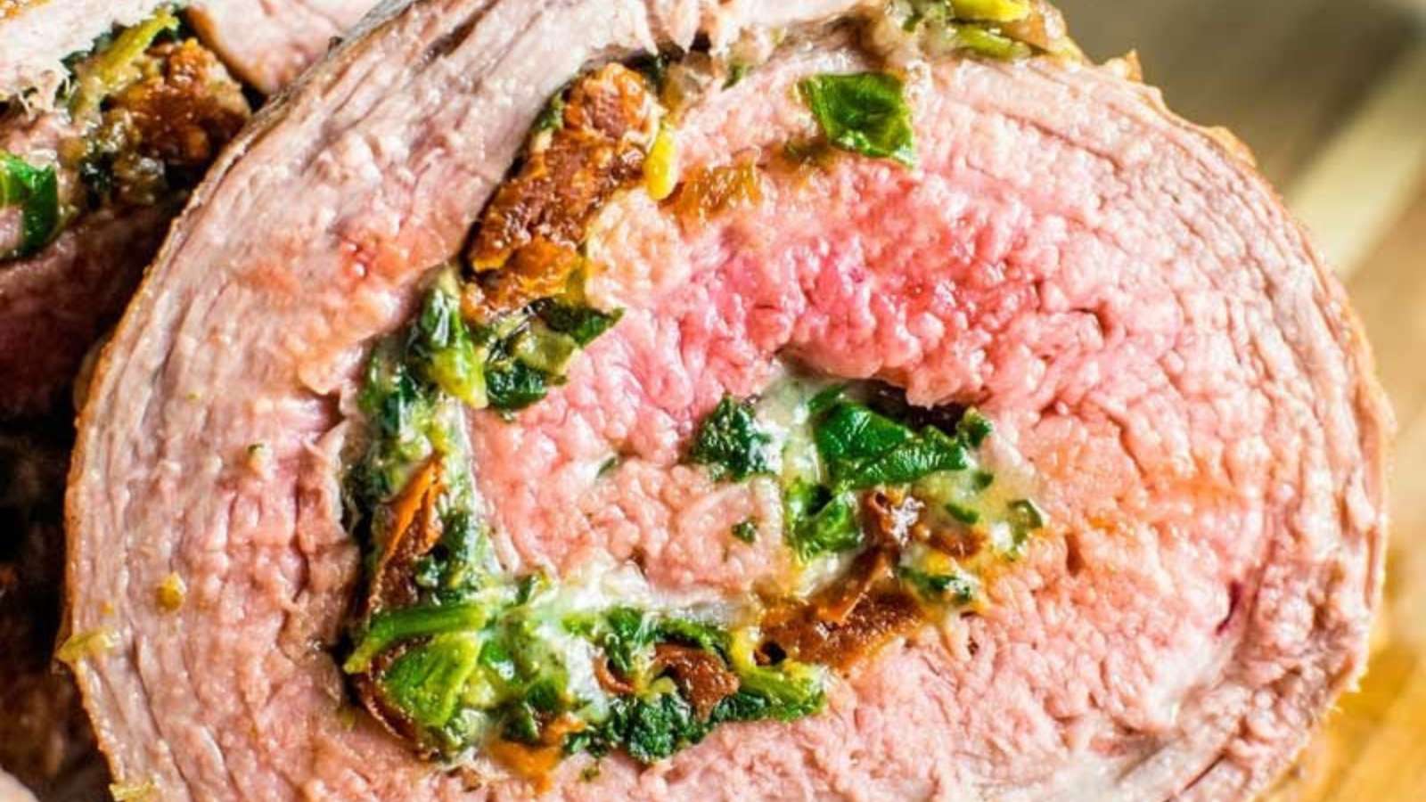 Baked Stuffed Flank Steak recipe by Homemade Hooplah.