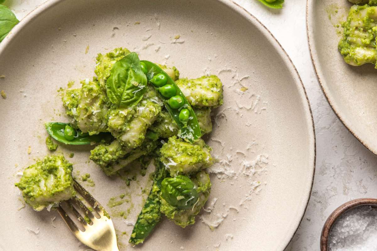 Homemade Gnocchi with Pea Pesto. 