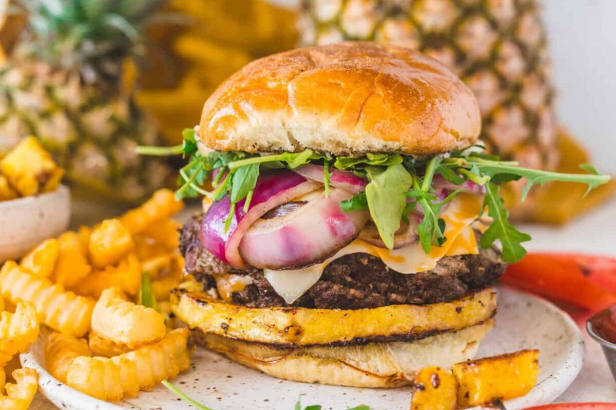 Jamaican Jerk Burger With Caramelized Pineapples.