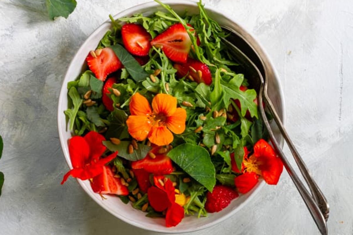 Nasturtium Salad With Strawberries + Arugula. 