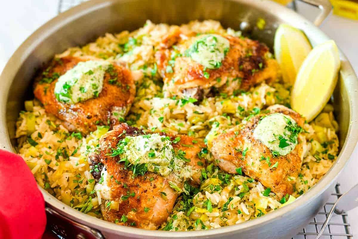 One Pan Chicken and Rice with Creamy Caesar Butter