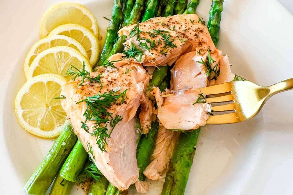 Quick Air Fryer Salmon and Asparagus with Lemon Brown Butter. 