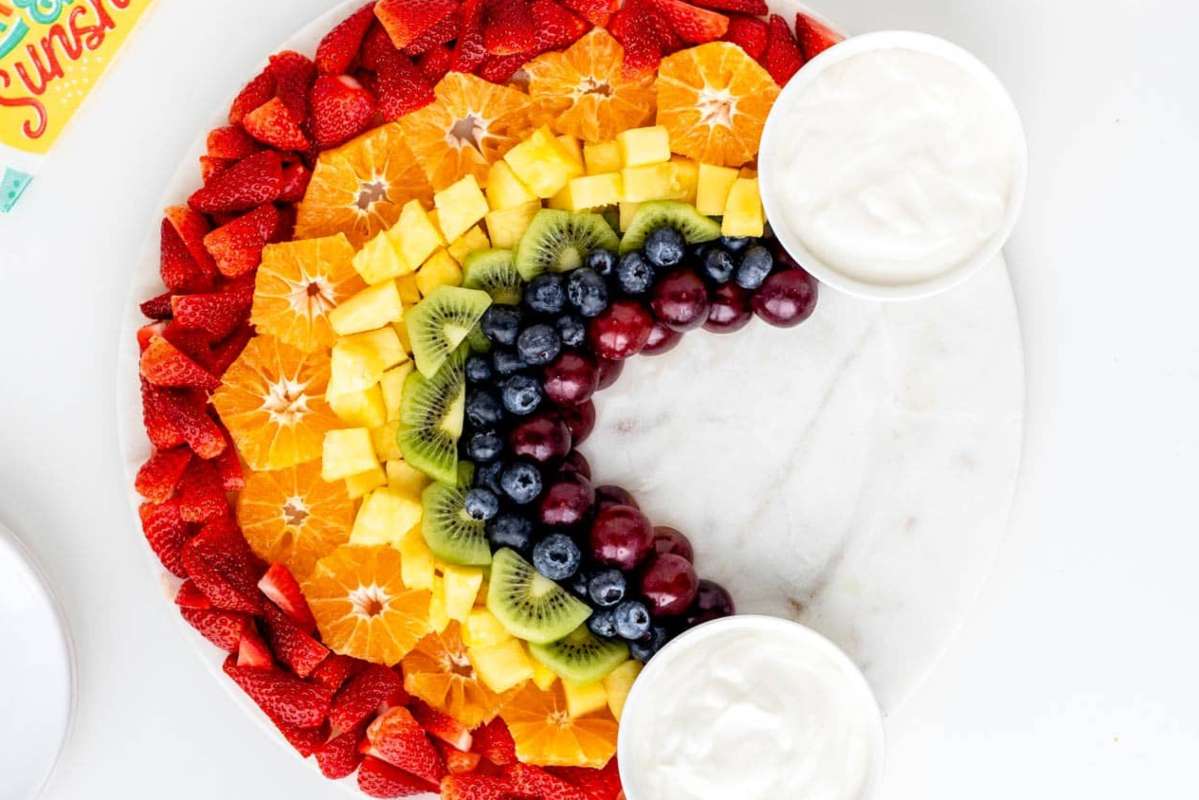 Rainbow Fruit Tray with Yogurt Dip. 