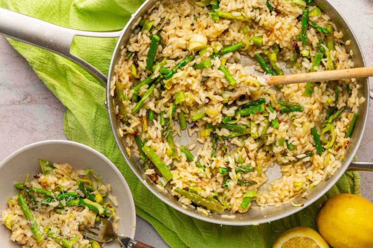 Roasted Leek And Asparagus Risotto With Lemon.