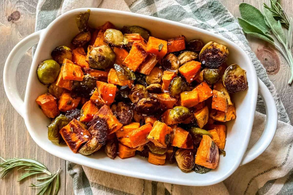 Roasted Sweet Potatoes and Brussel Sprouts. 