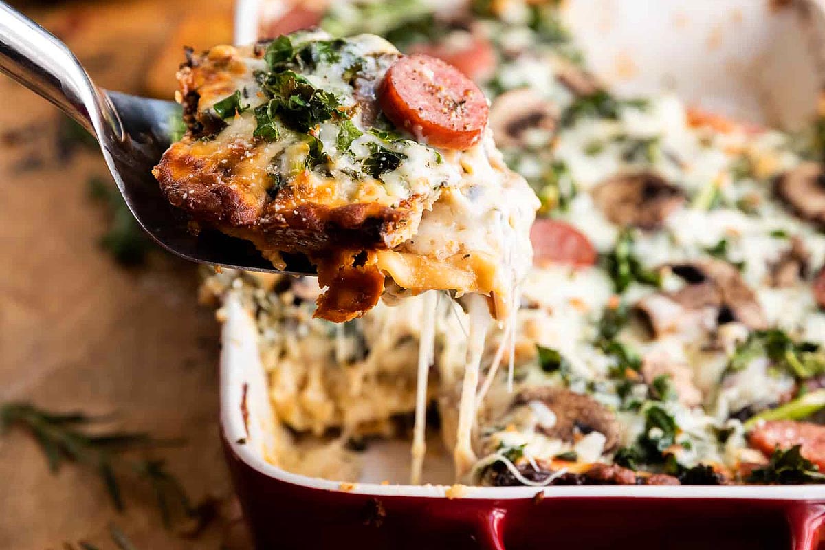 Roasted Garlic Sausage Kale and Mushroom Lasagna. 