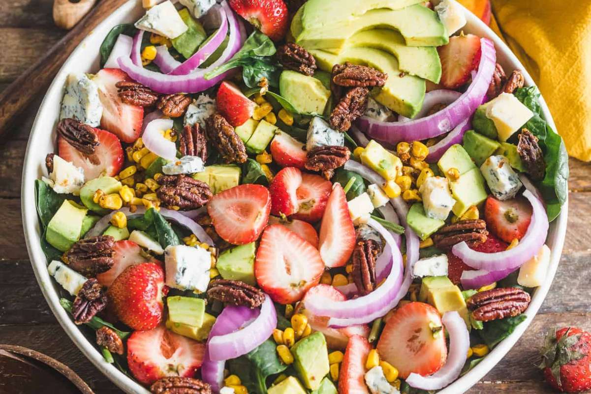 Strawberry Avocado Spinach Salad With Candied Pecans. 