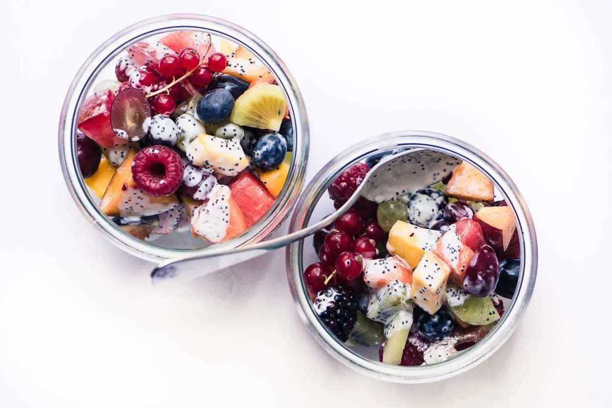 Summer Fruit Salad with Kefir Poppy Seed Dressing. 