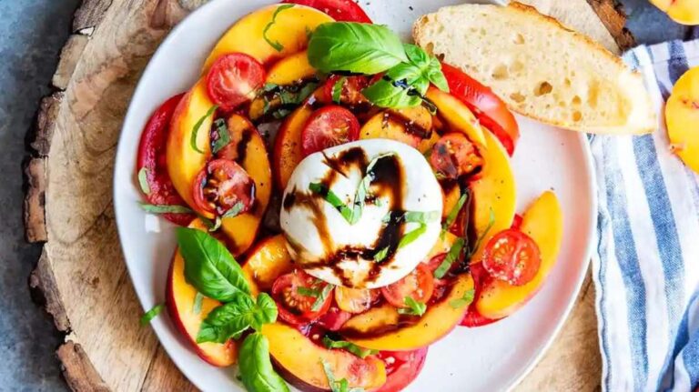 Tomato Peach Burrata Salad.