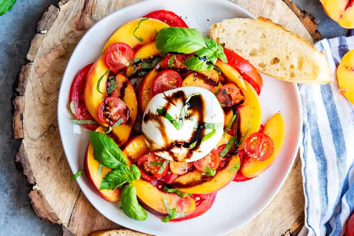 Tomato Peach Burrata Salad.