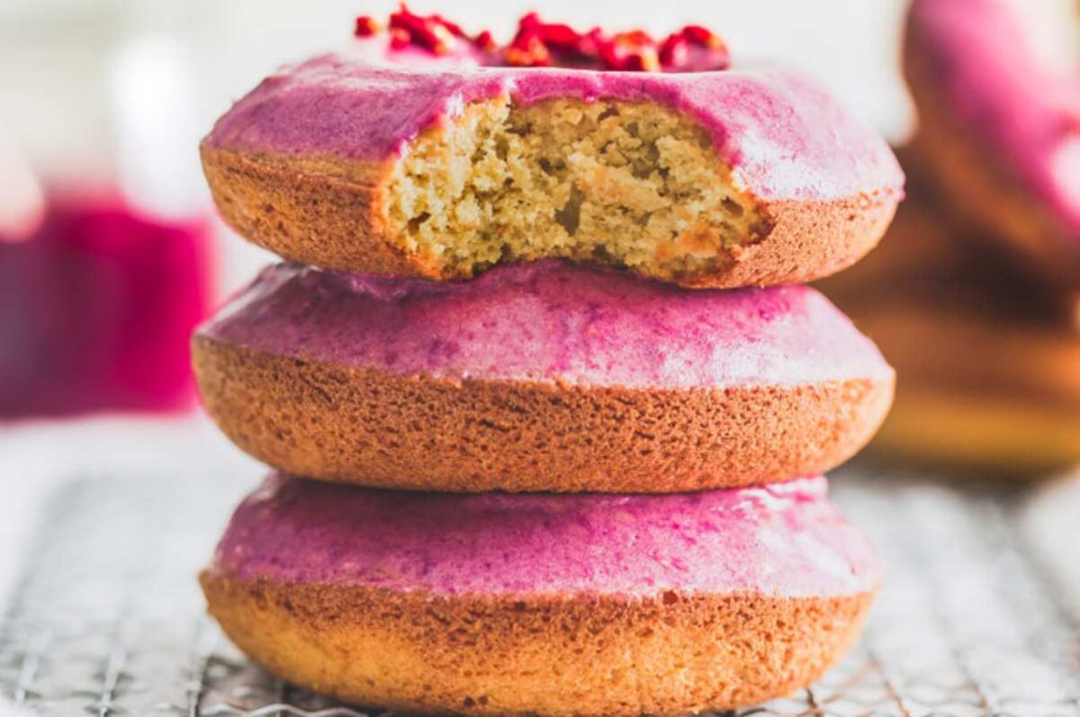 Vanilla Protein Donuts With Raspberry Glaze.