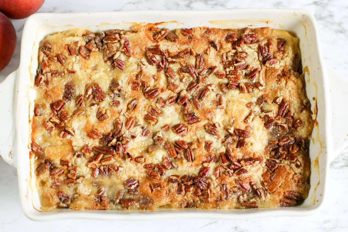 White Chocolate Peach Dump Cake. 