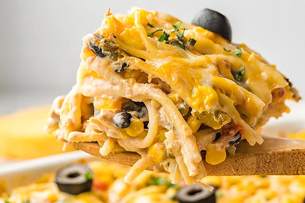 Fiesta Chicken Pasta Casserole Bake.
