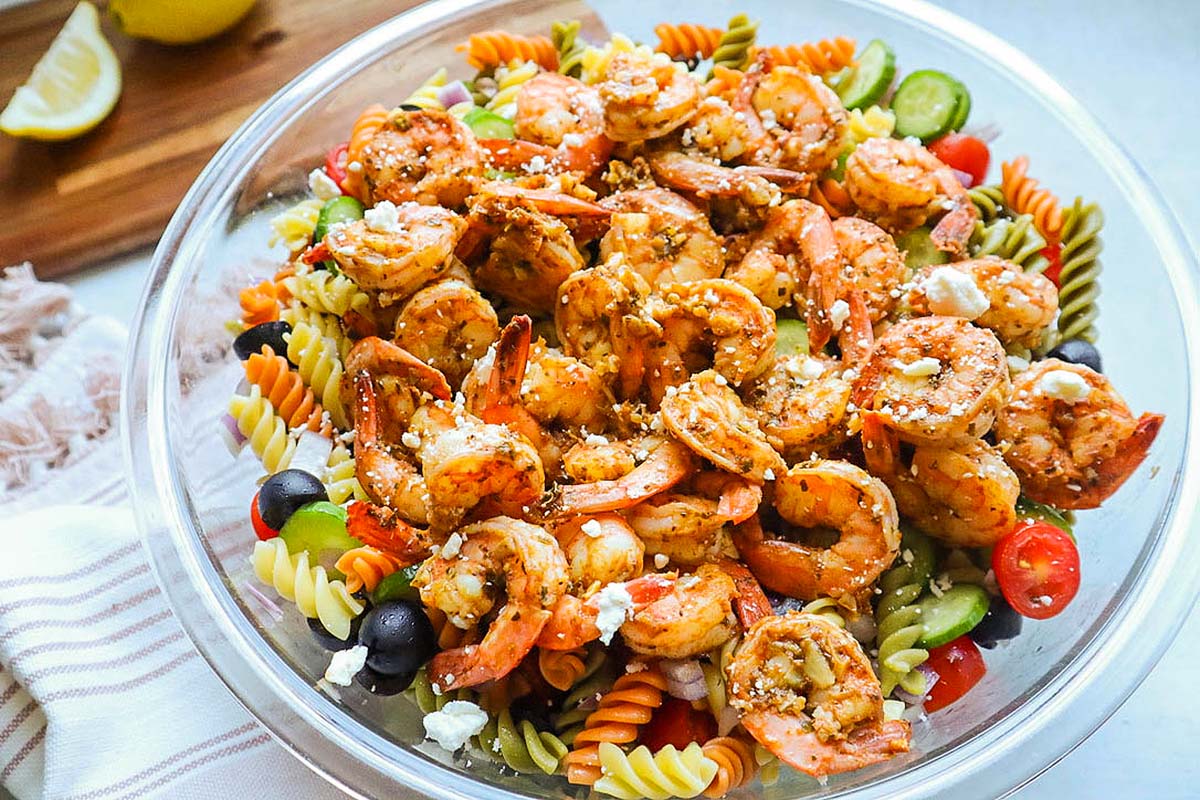 Shrimp Pesto Pasta Salad. 