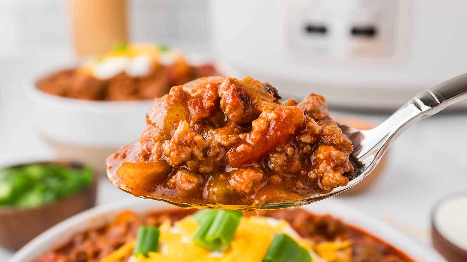 Slow Cooker No-Bean Beef and Sausage Chili recipe by Cheerful Cook.