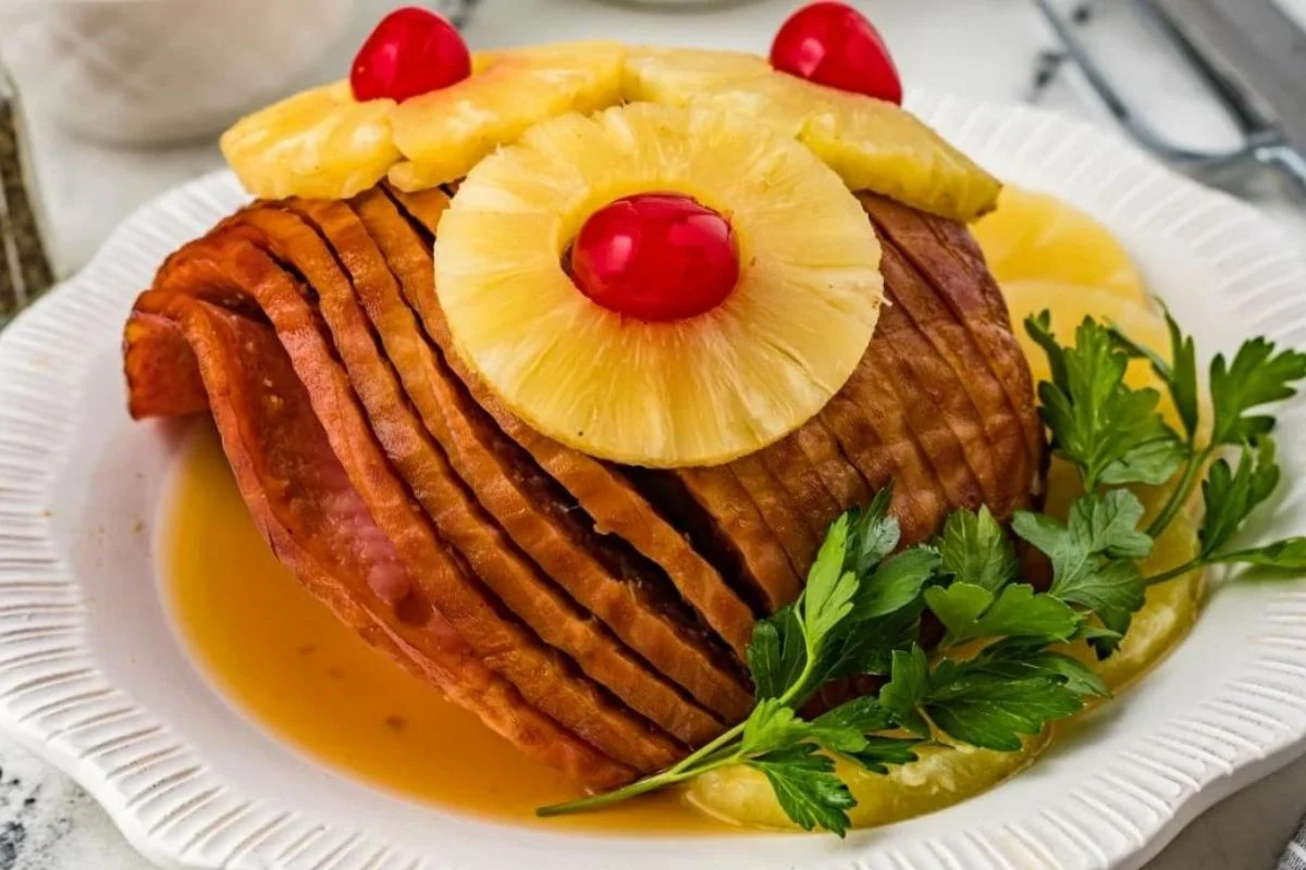 A glazed ham with pineapple slices and cherries on top, garnished with parsley on a white plate.