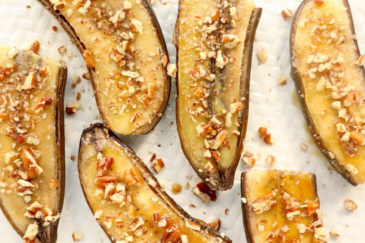Banana halves on counter.