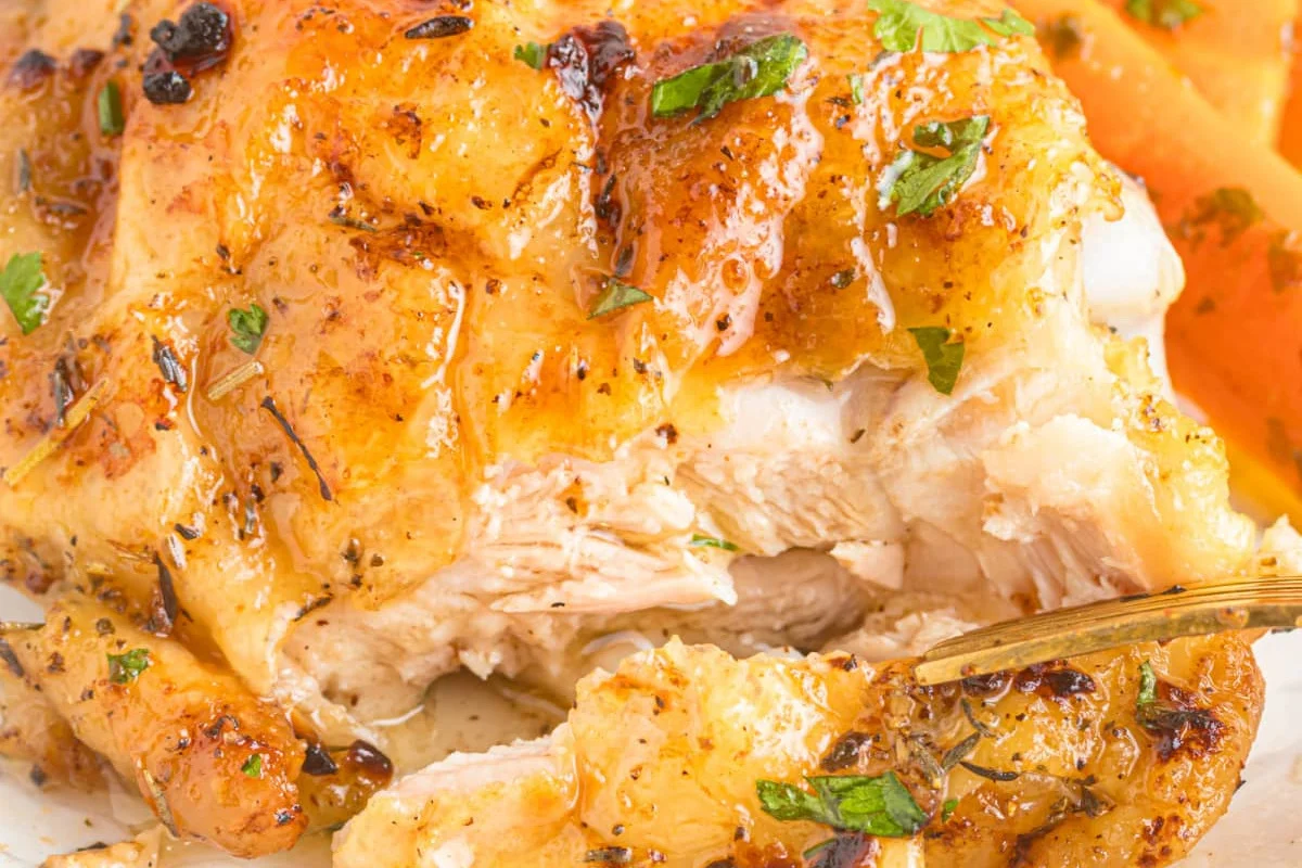 Close-up of a golden-brown, roasted chicken breast garnished with herbs and served with a side of sliced carrots.