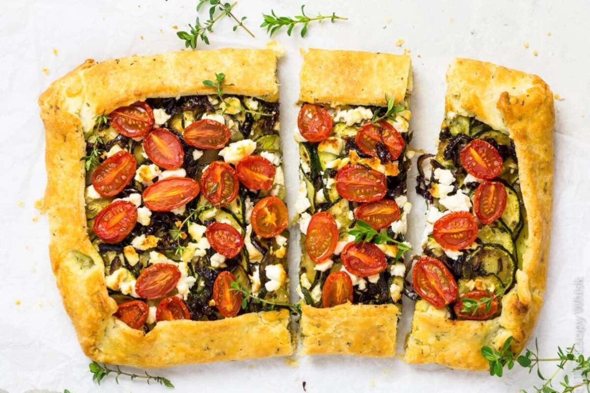 Gluten Free Zucchini Galette With Feta Cheese & Cherry Tomatoes.