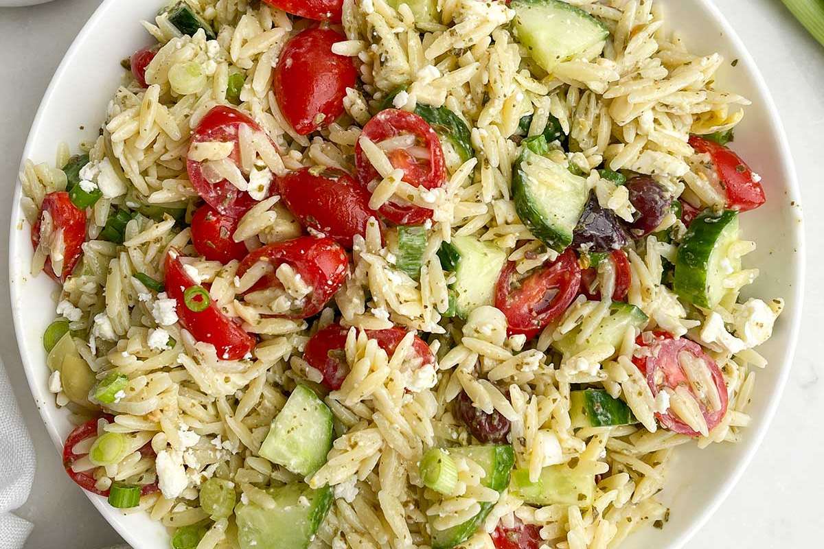 Mediterranean Orzo Pesto Salad. 